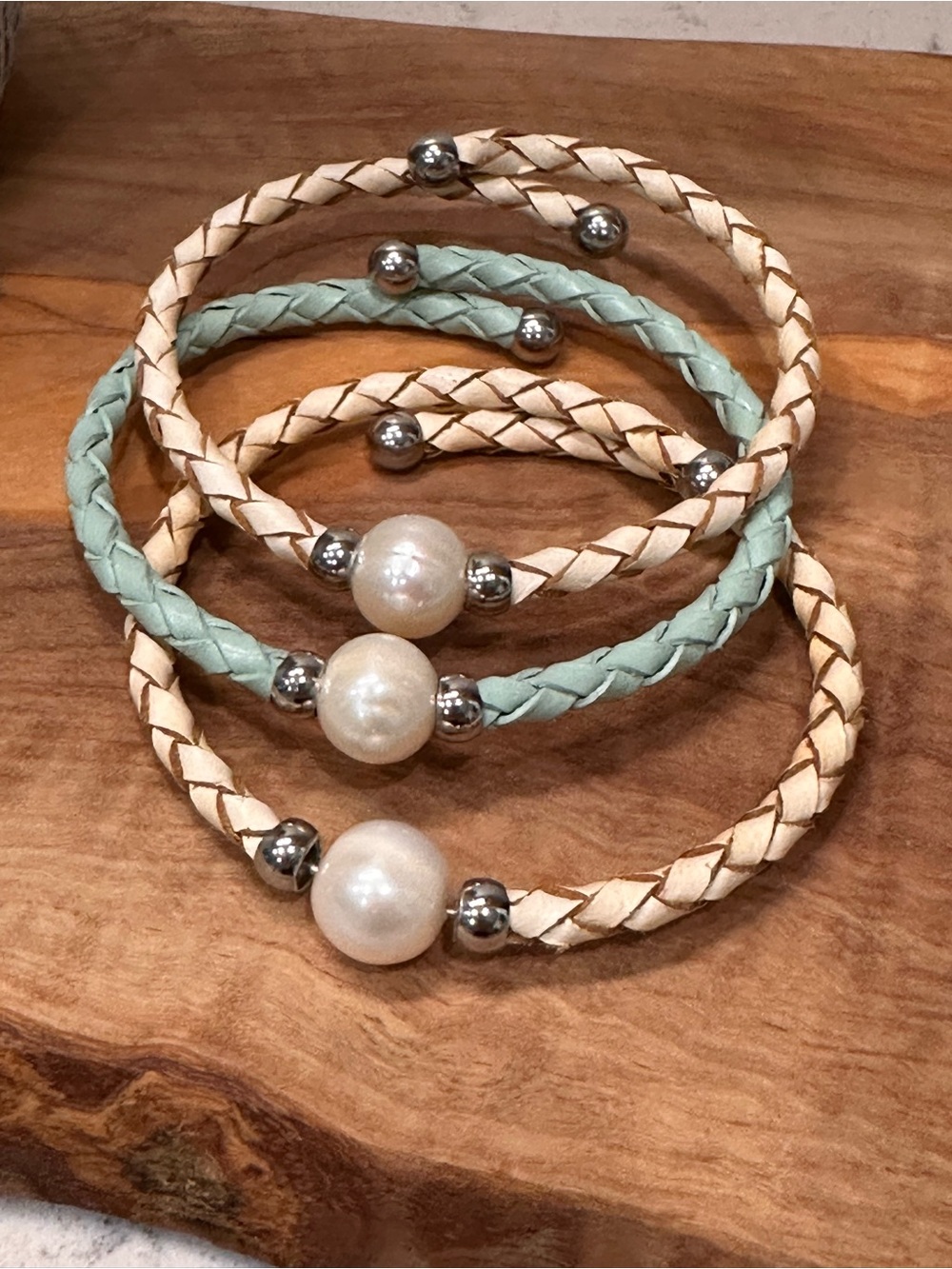 Braided Pearl Accent Wrap Bracelets - Mint and Cream